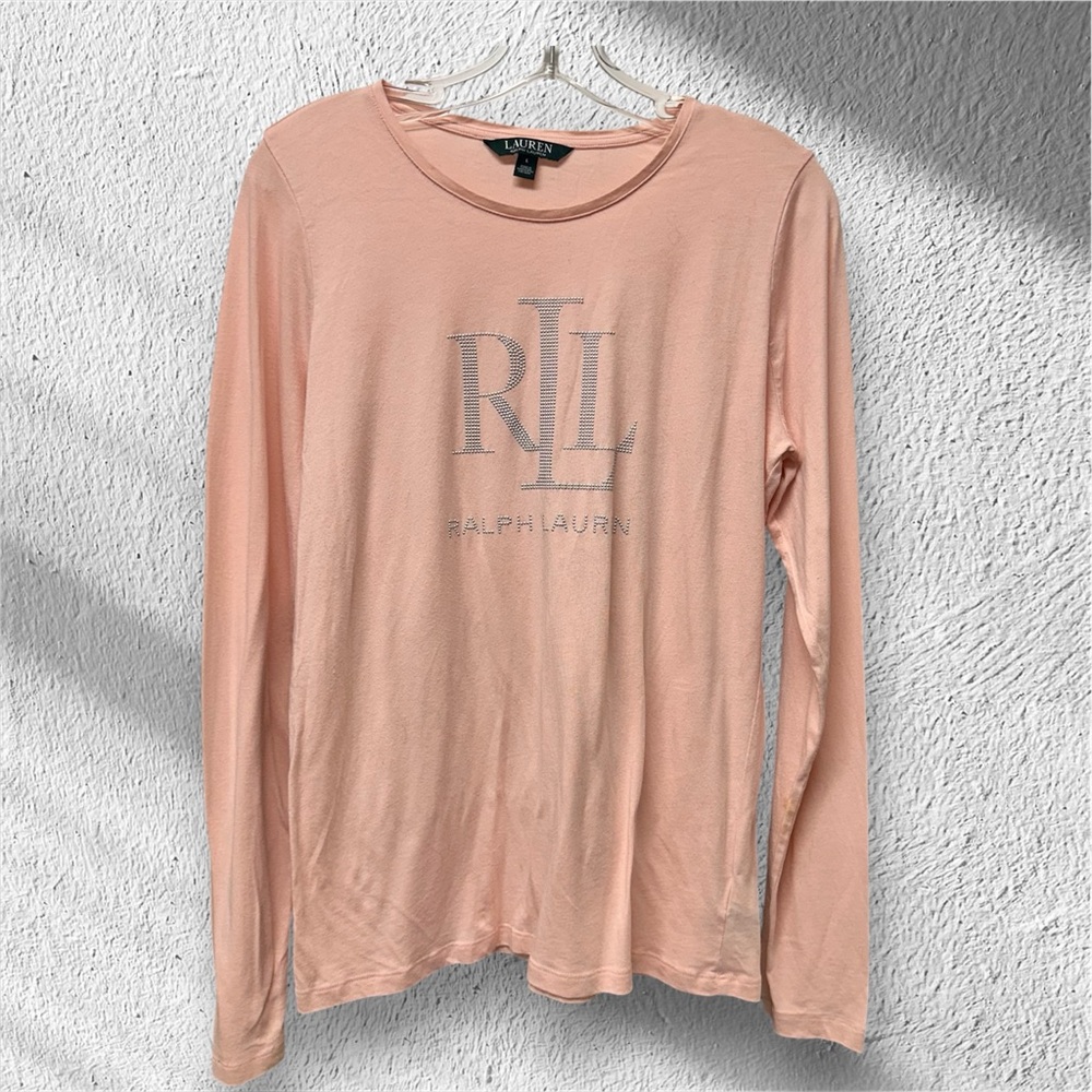 LAUREN RALPH LAUREN Studded Logo Long Sleeve T-Shirt L